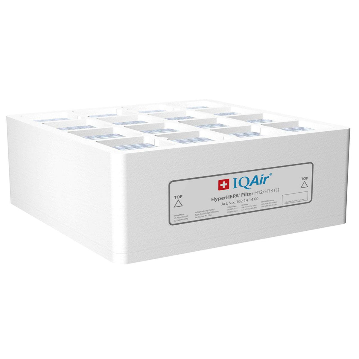 IQAir HyperHEPA Filter H12/H13 (L), weißer Filterblock mit Etikett, Art.-Nr. 102 14 14 00