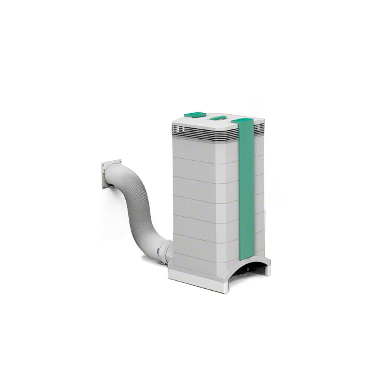 IQAir InFlow W125 Zuluftsystem, grau mit grünen Streifen und flexiblem Zuluftschlauch, Freisteller