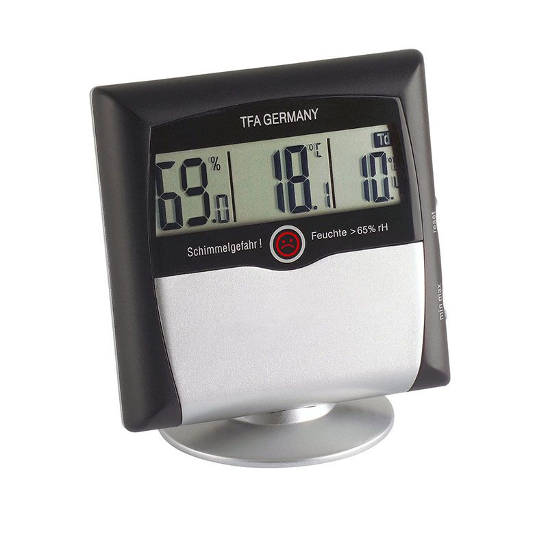 TFA Digitales Thermo-Hygrometer, schwarz-silber, mit Display für Feuchte, Temperatur und Schimmelgefahr-Warnung