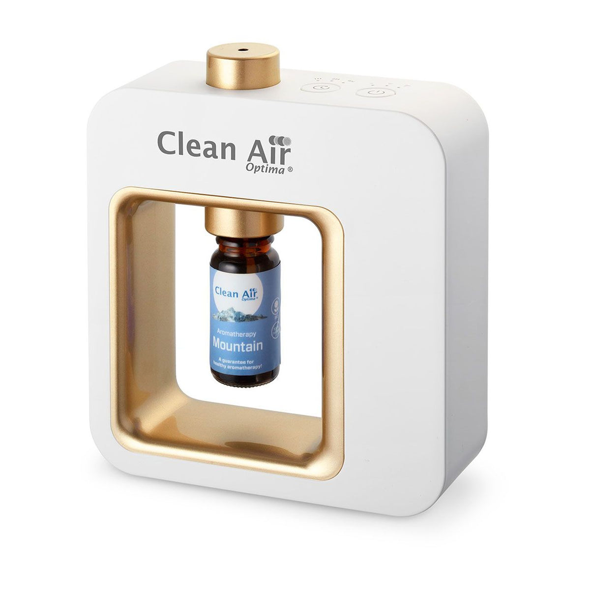 Clean Air Optima Aroma-Diffuser Aromatic in Weiß mit goldenem Rahmen und Duftflasche „Mountain“