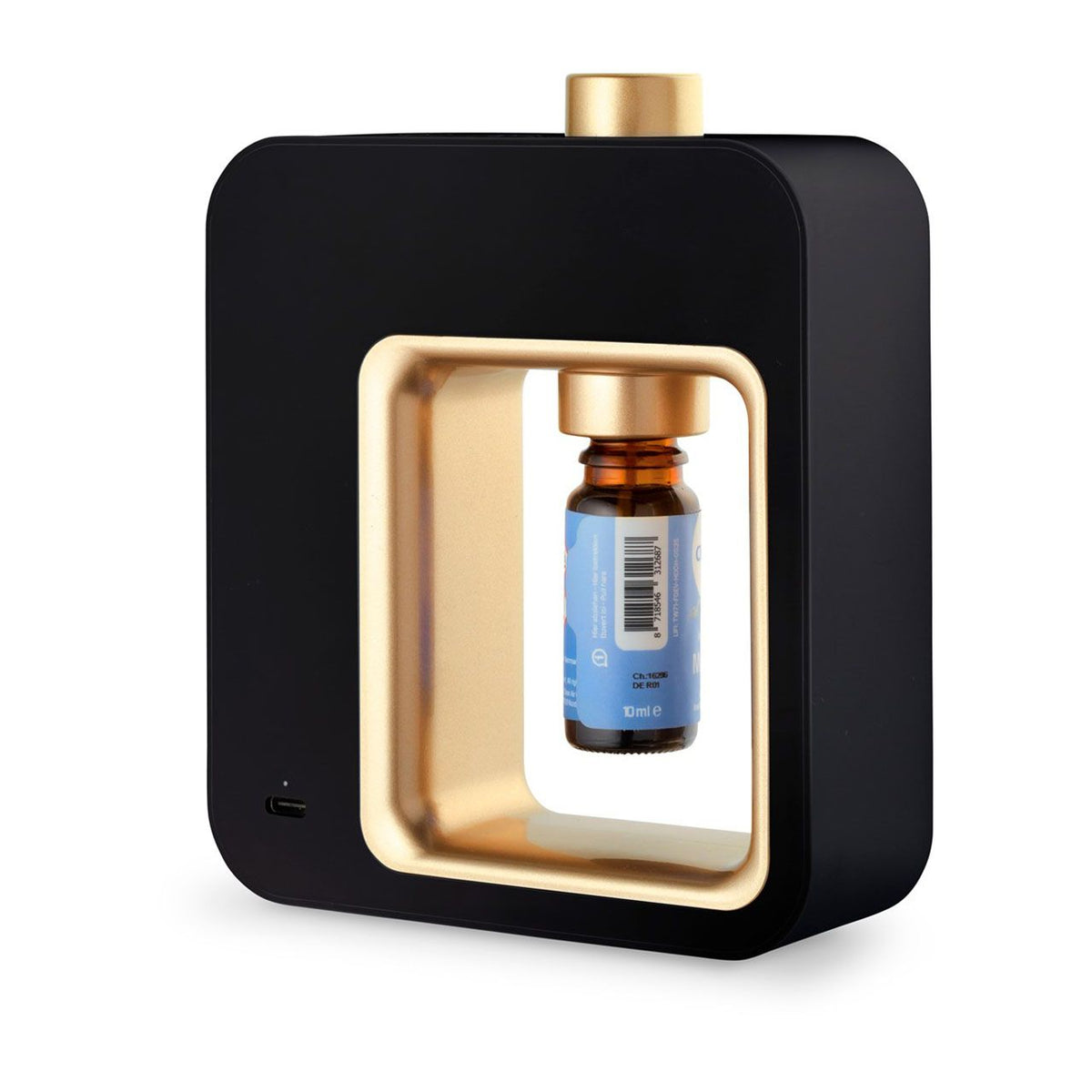 Clean Air Optima Aromatic Aroma-Diffuser in Schwarz-Gold, Rückansicht mit eingesetzter Duftölflasche