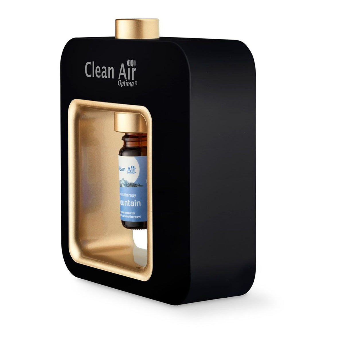 Clean Air Optima Aroma-Diffuser „Aromatic“ in Schwarz-Gold, Schrägansicht mit eingesetztem Duftfläschchen