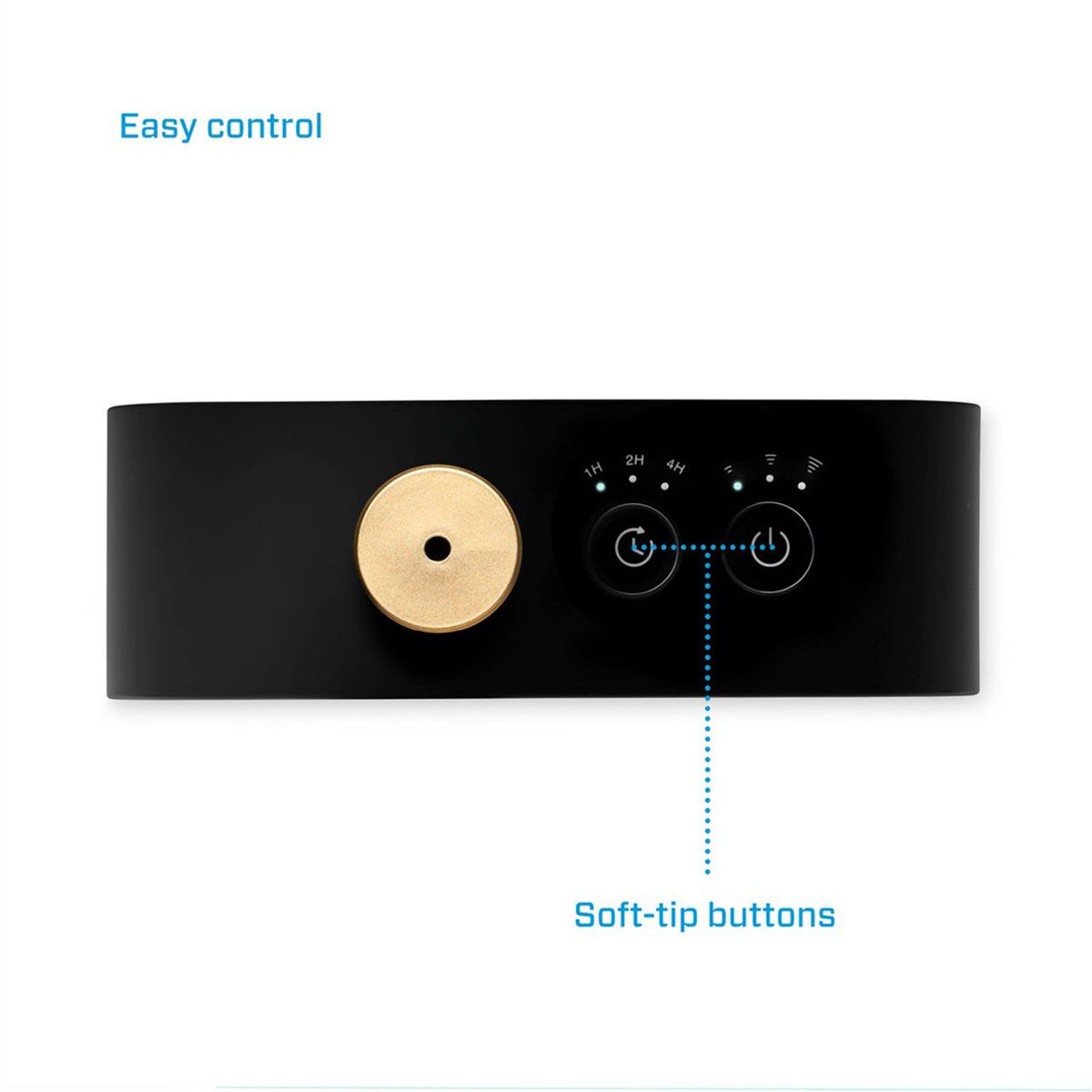 Bedienfeld des Clean Air Optima Aroma-Diffusers Aromatic in Schwarz mit Timer- und Ein-/Aus-Touchtasten, Beschriftung „Easy control“ und „Soft-tip buttons“