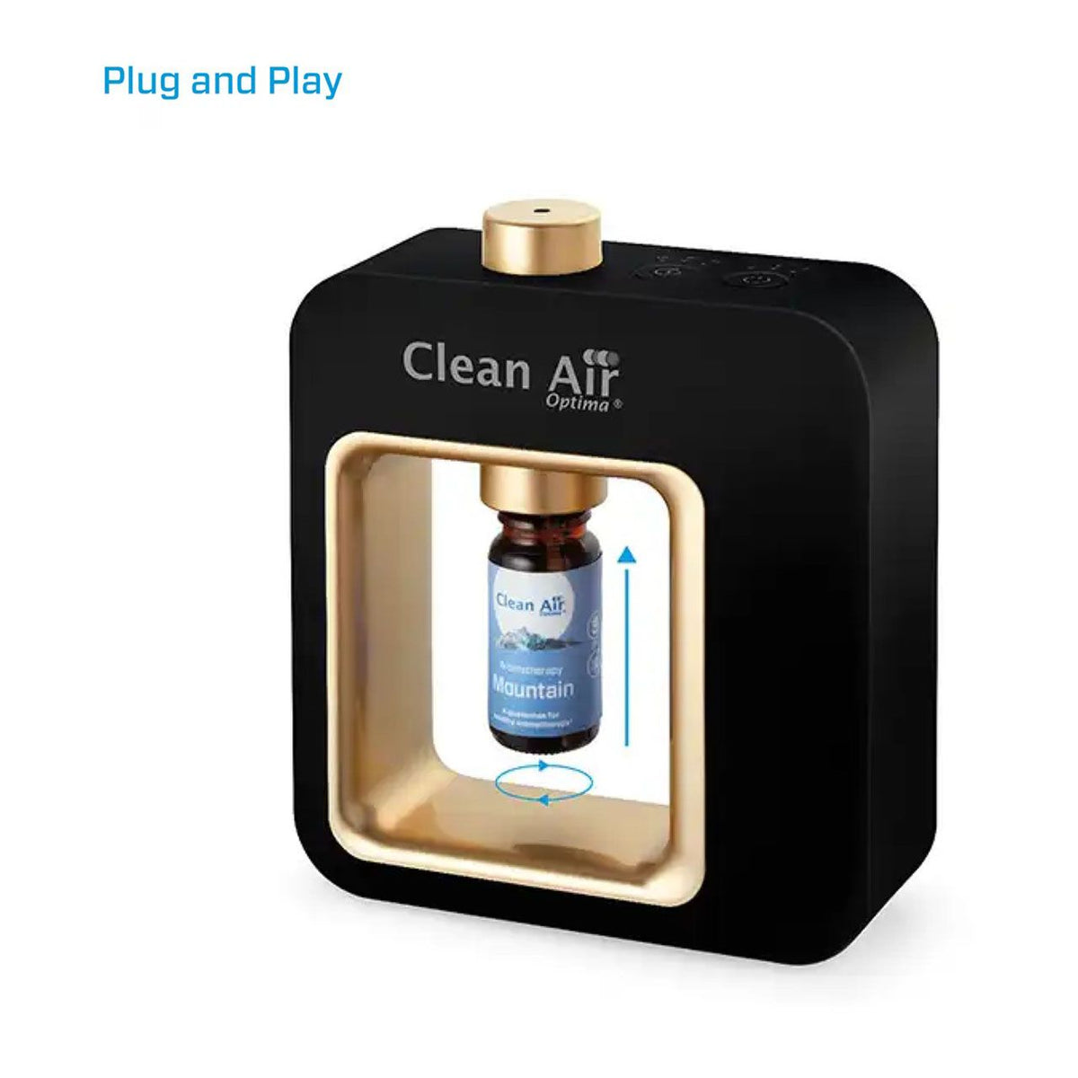 Clean Air Optima Aroma-Diffuser Aromatic in Schwarz mit eingesetzter Duftöl-Flasche „Mountain“, Grafik „Plug and Play“