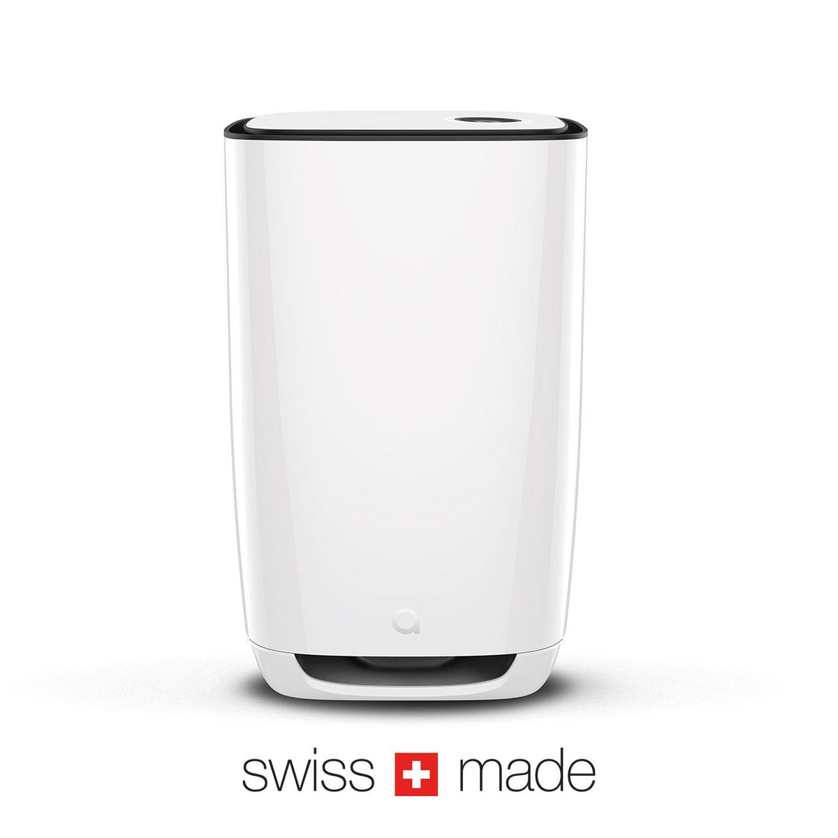 Aeris Luftreiniger in Weiß, Frontansicht mit „Swiss Made“-Kennzeichnung und Schweizer Kreuz