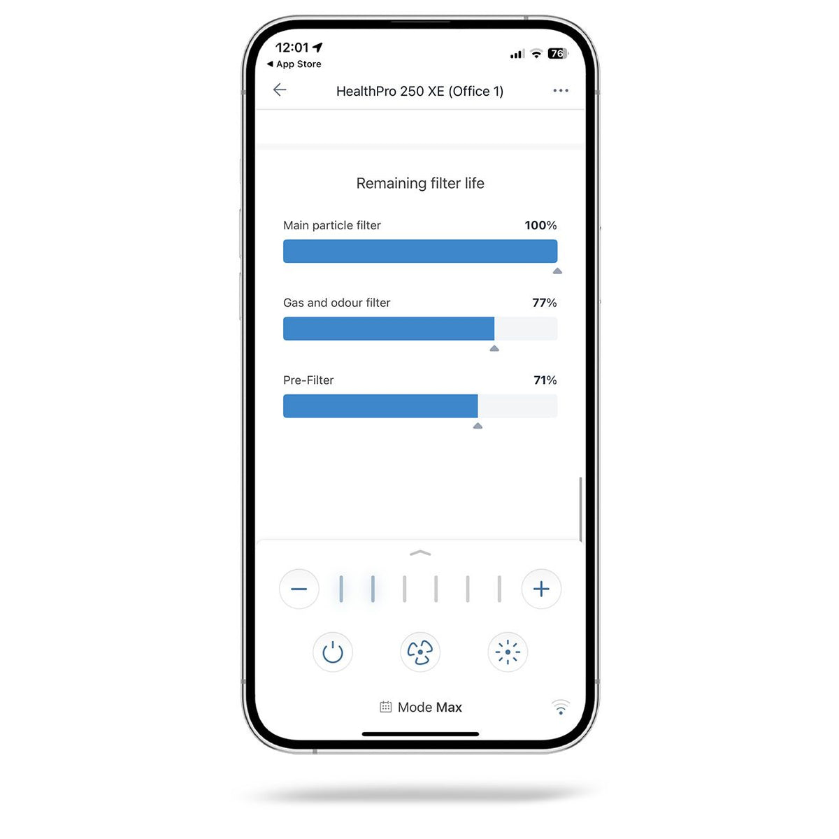 Smartphone mit IQAir App zeigt Restlaufzeit von Partikel-, Gas- und Vorfilter des HealthPro 250 XE