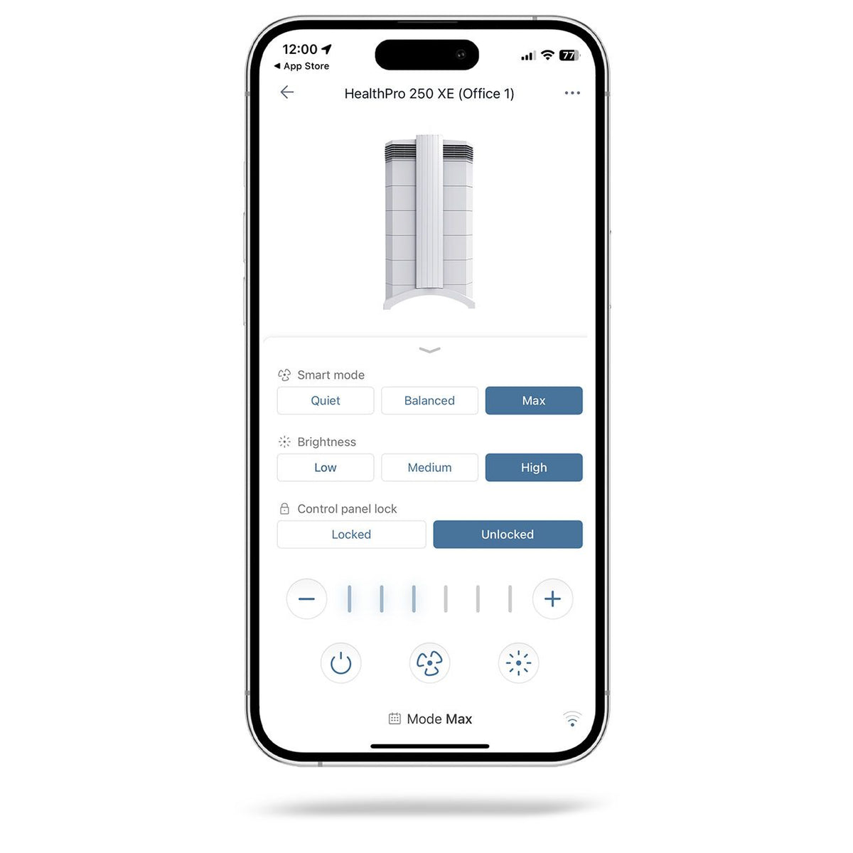 Smartphone zeigt IQAir App mit Steuerung des HealthPro 250 XE Luftreinigers, Modi und Helligkeit