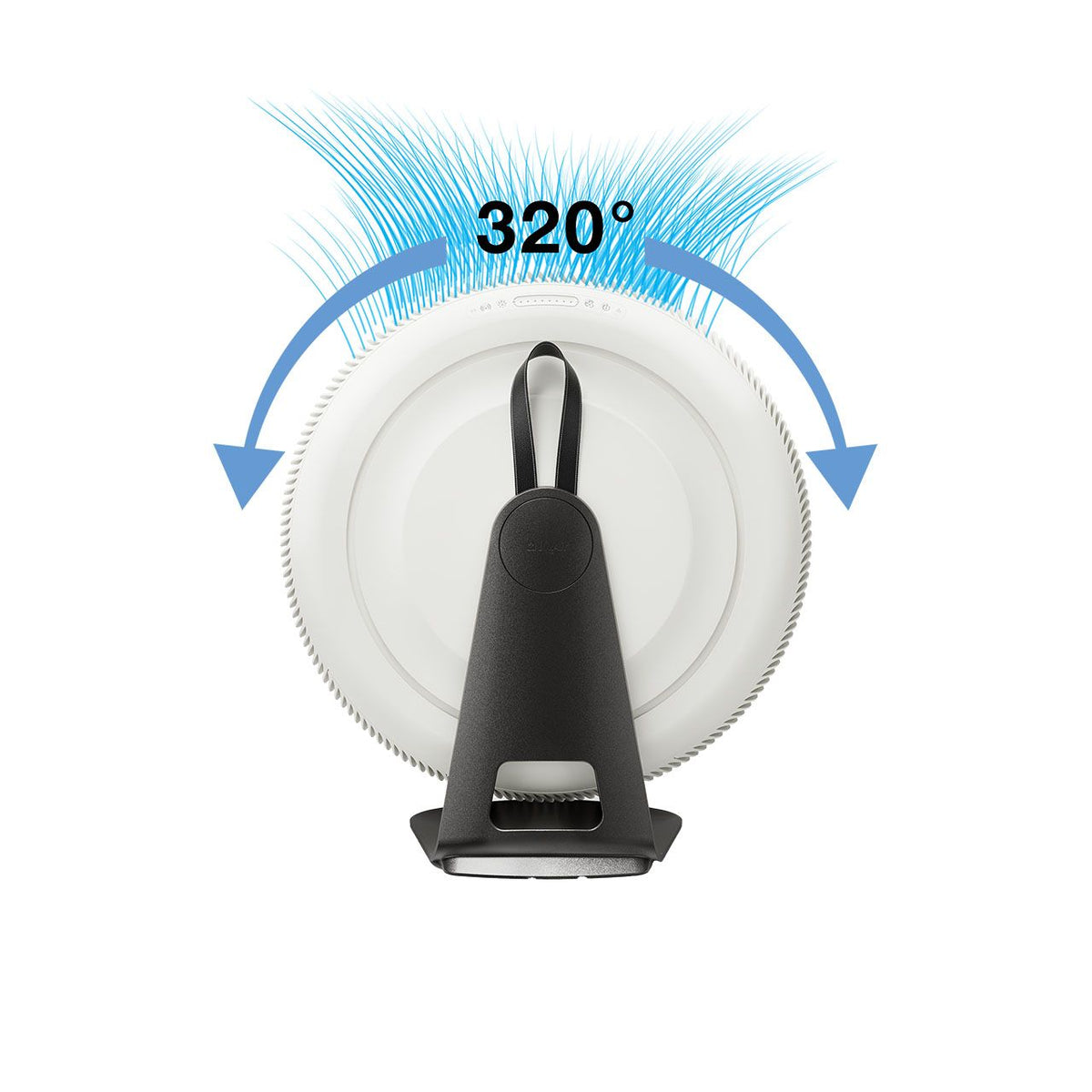 Grafik zur 320°-Luftausströmung des IQAir Atem X CF Luftreinigers mit Pfeilen und Symbol