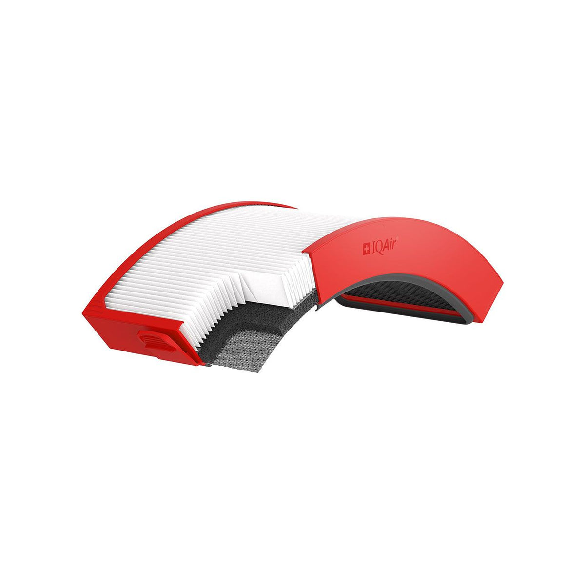 IQAir Atem X HyperHEPA CF Filter, gebogene Ansicht mit sichtbarer Faltstruktur, rotes Gehäuse