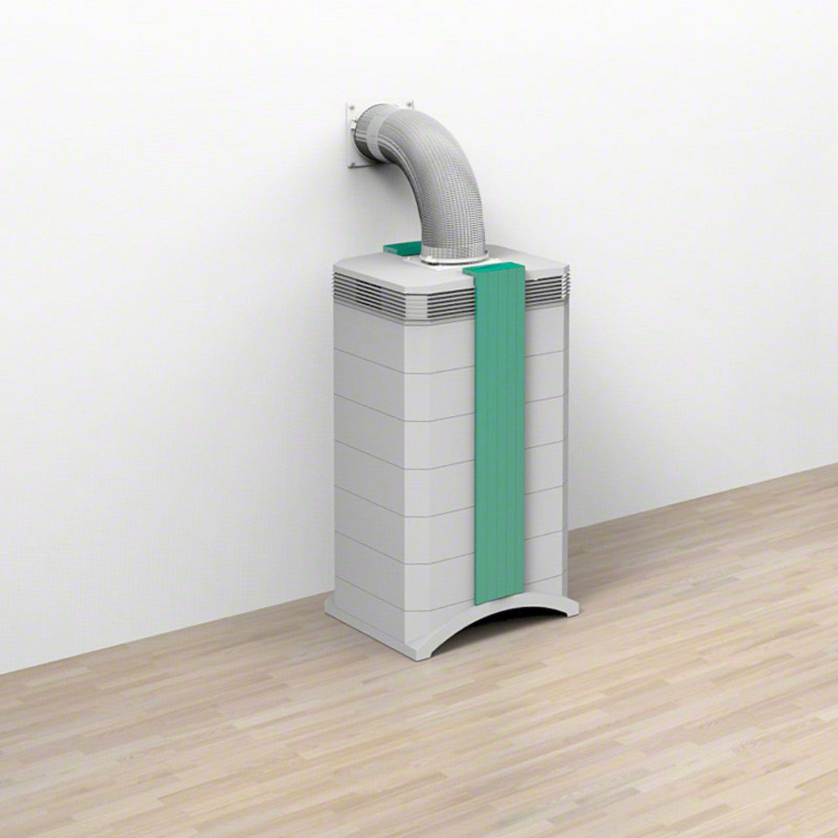 IQAir OutFlow W125 an Luftreiniger montiert mit Abluftschlauch zur Wand, Illustration