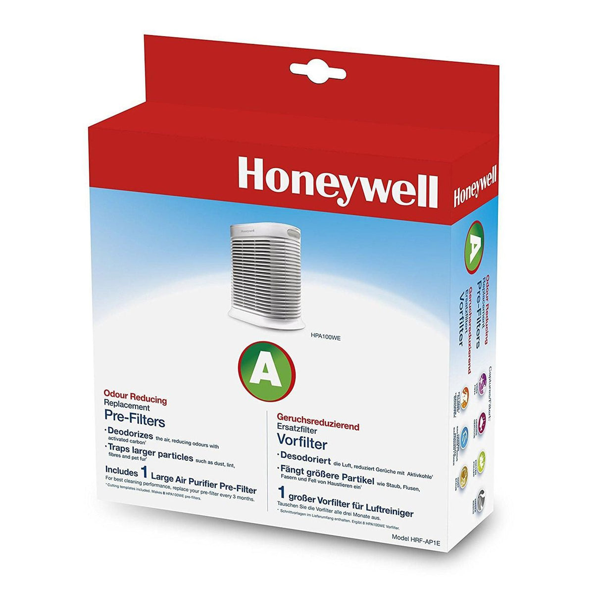 Verpackung Honeywell geruchsreduzierender Vorfilter HRF-AP1E für Luftreiniger HPA100WE, Kennzeichnung „A“
