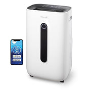 Clean Air Optima CA-706 Smart Luftentfeuchter in Weiß mit Bedienfeld, daneben Smartphone mit App-Anzeige