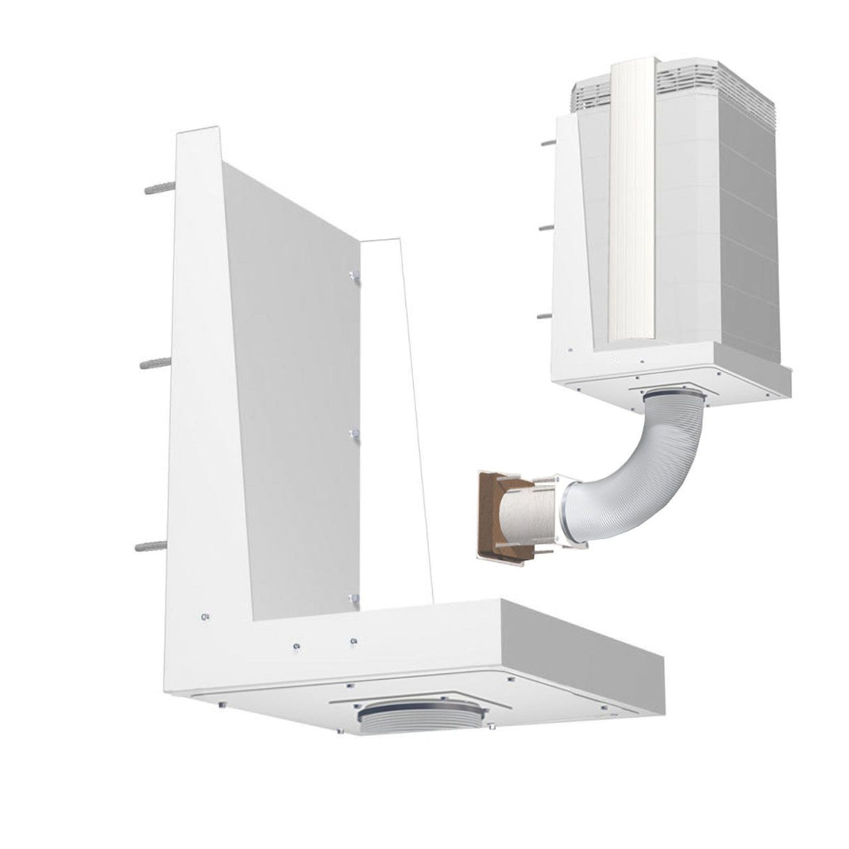 IQAir VM InFlow W125, 3D-Darstellung des Filtergeräts mit Wandhalterung und Anschlussrohr