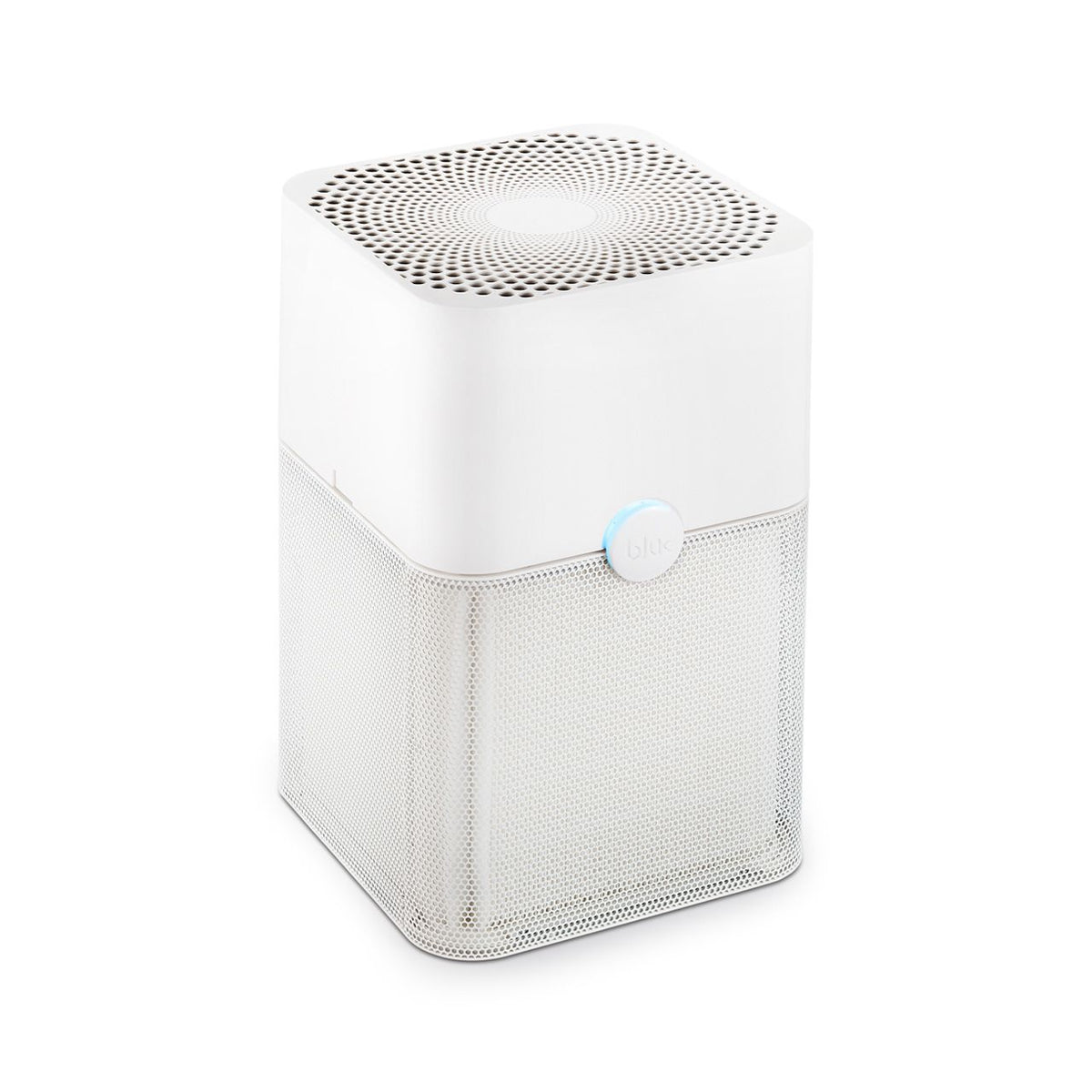 Blueair Blue Pure Luftreiniger mit weißem Gehäuse und grauem Gewebe-Vorfilter, Gesamtansicht