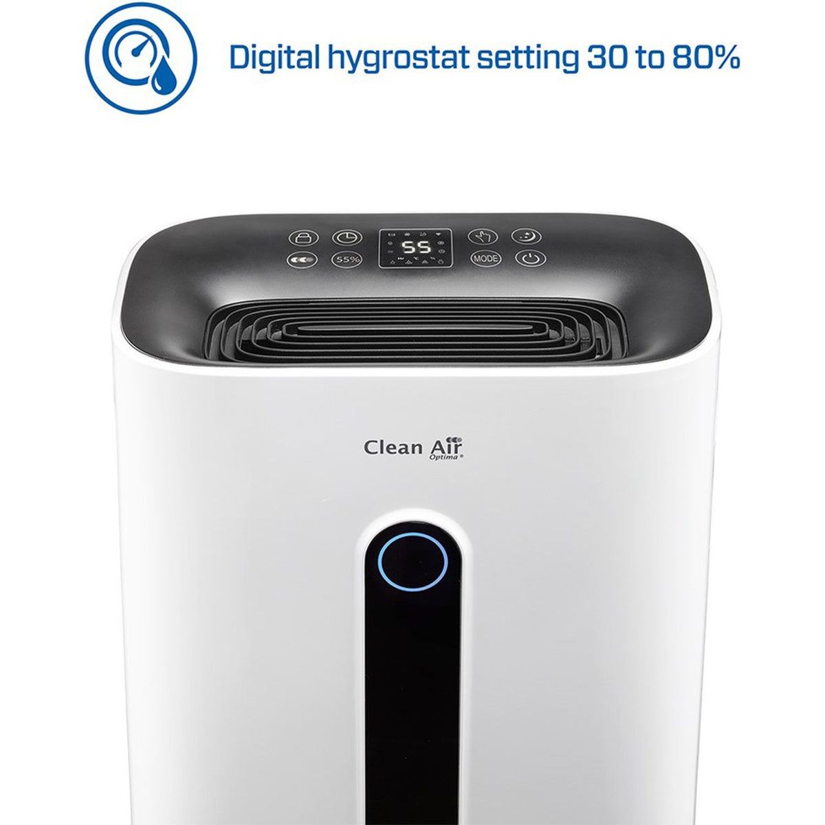 Clean Air Optima CA-708 Luftentfeuchter, Nahaufnahme Bedienfeld mit Digitalanzeige „55%“, Grafik „Digitaler Hygrostat einstellbar 30 bis 80 %“