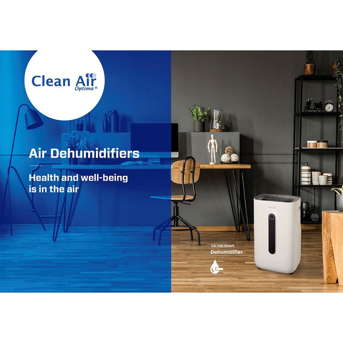 Clean Air Optima CA-708 Smart Luftentfeuchter, weiß, im Büro neben Schreibtisch und Regal