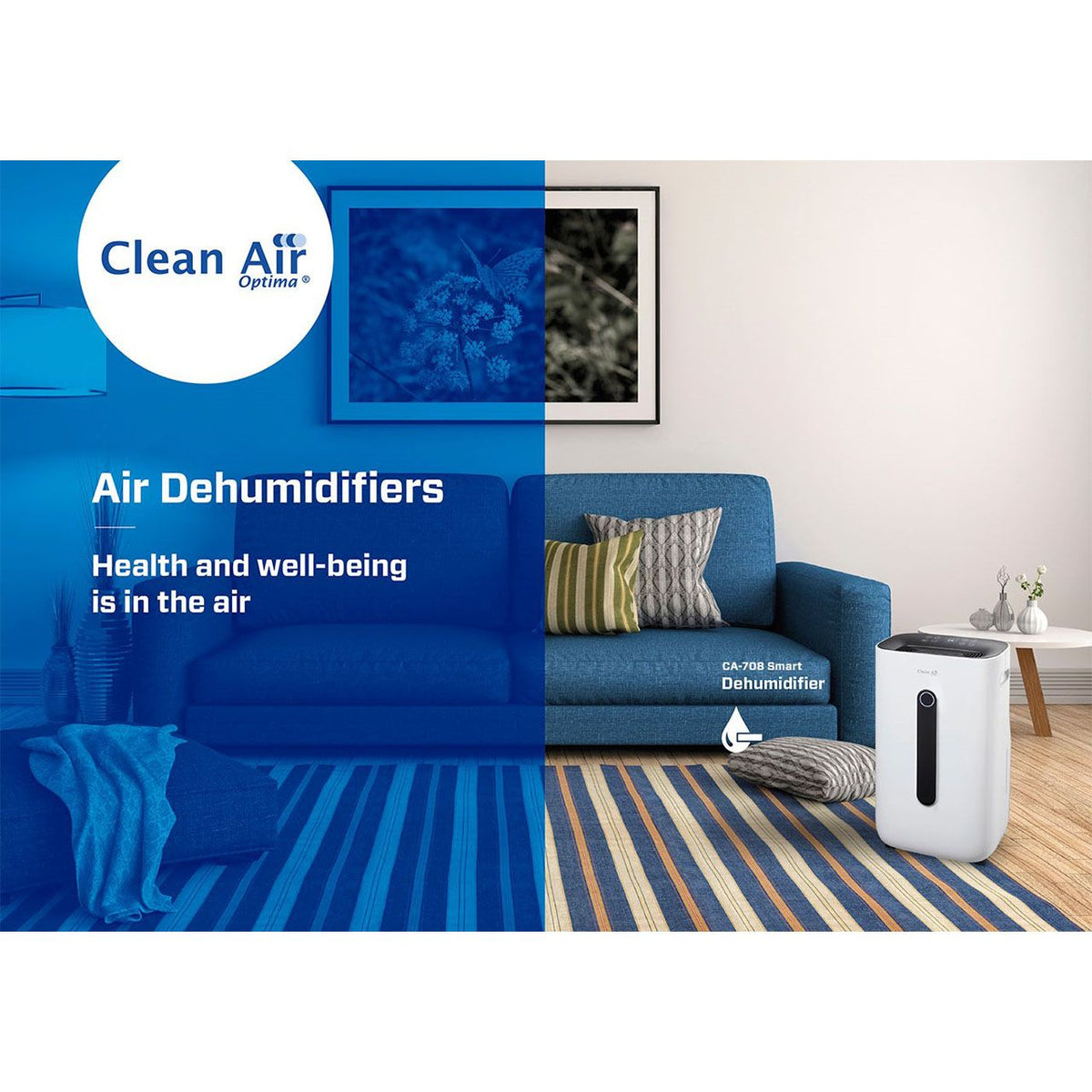 Clean Air Optima CA-708 Smart Luftentfeuchter, weiß, neben Couch im Wohnzimmer