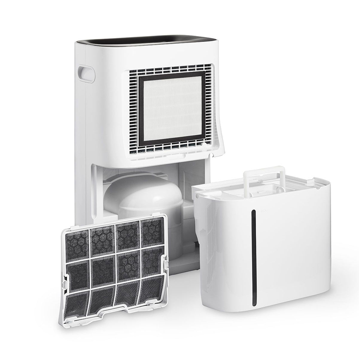 Clean Air Optima CA-706 Luftentfeuchter mit herausgenommenem Wassertank und Aktivkohlefilter, Einzelteile