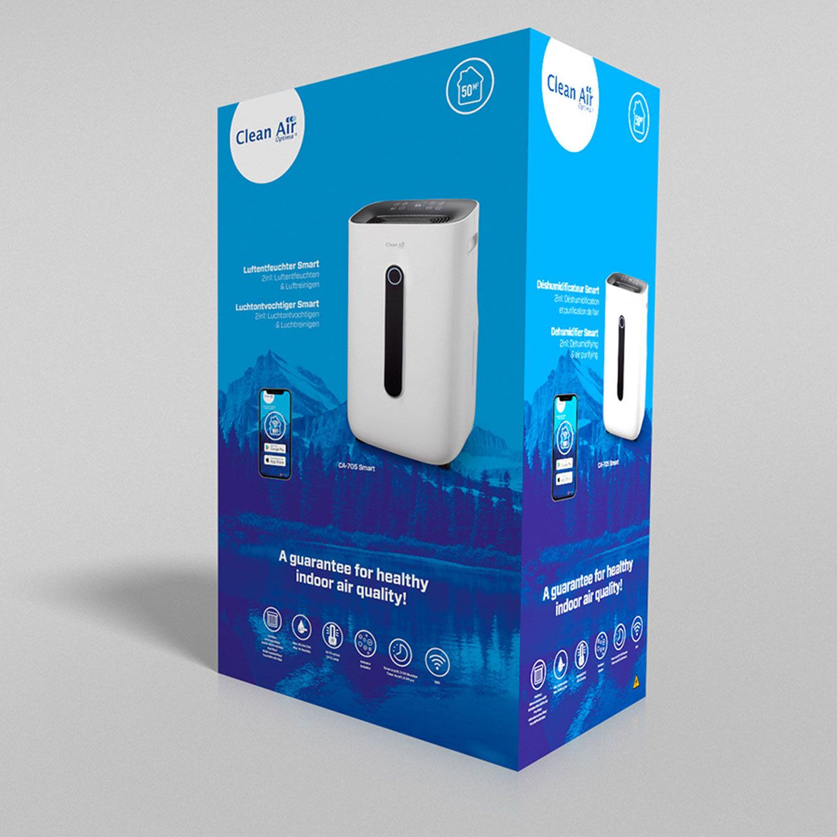 Verpackung des Clean Air Optima CA-706 Smart Luftentfeuchters, weiß, mit App-Anzeige und Symbolen