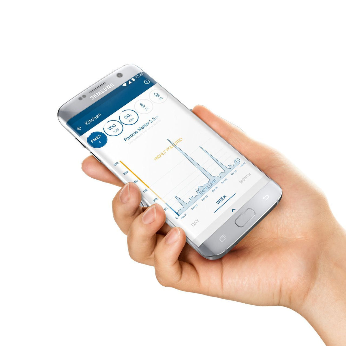 Hand hält Smartphone mit Blueair-App, die Luftqualitätswerte wie PM2.5, VOC und CO2 anzeigt