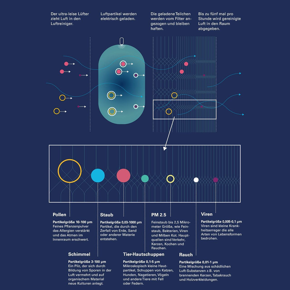 Grafik zur Funktionsweise des Blueair Classic 205 Luftreinigers und Partikelgrößen von Pollen, Staub, PM2.5, Viren, Schimmel, Tierhaaren und Rauch