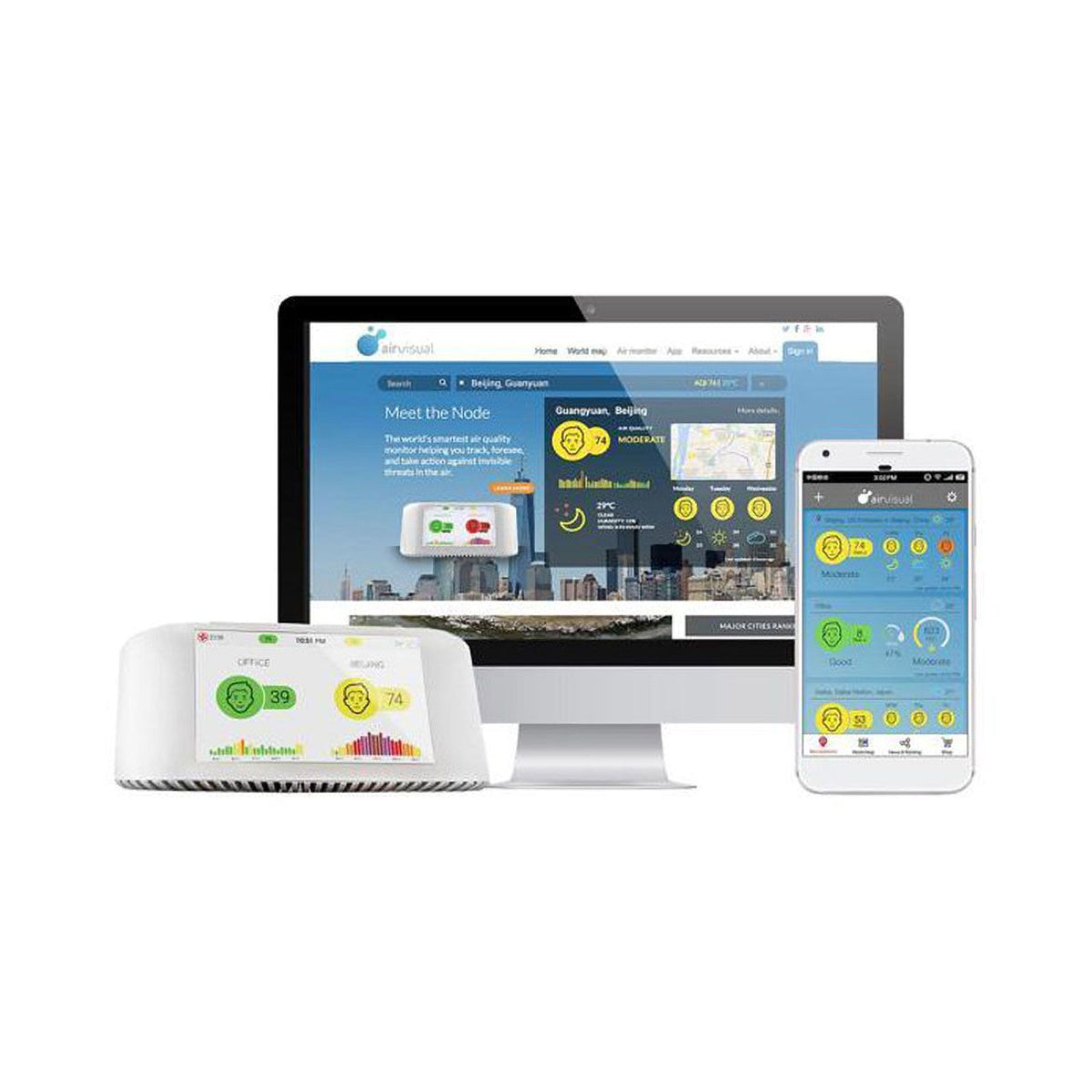 IQAir AirVisual Pro Monitor mit Luftqualitätsanzeige, dazugehöriger Desktop-Webseite und Smartphone-App
