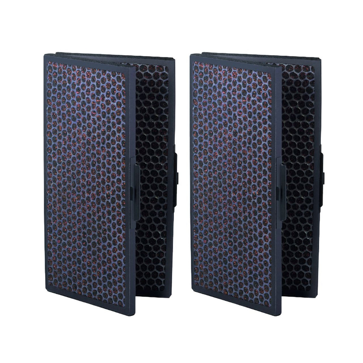 Zwei Blueair Pro Carbon(+) Ersatzfilter mit Wabenstruktur und Aktivkohle-Beschichtung, aufrecht stehend