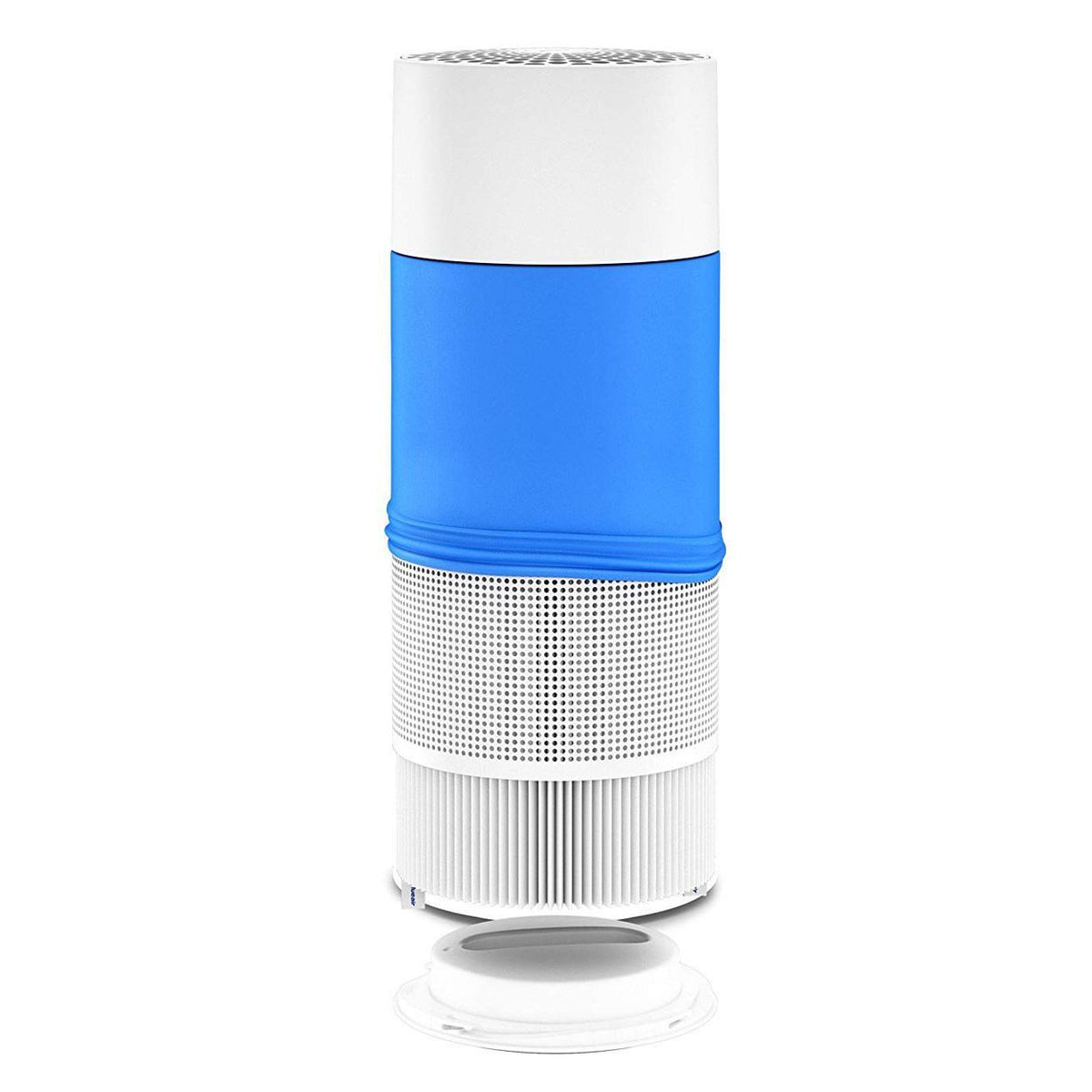 Blueair Joy S Grobstaubfilter, zylindrisch mit blauem Textilbezug und weißen Lamellen, Frontansicht