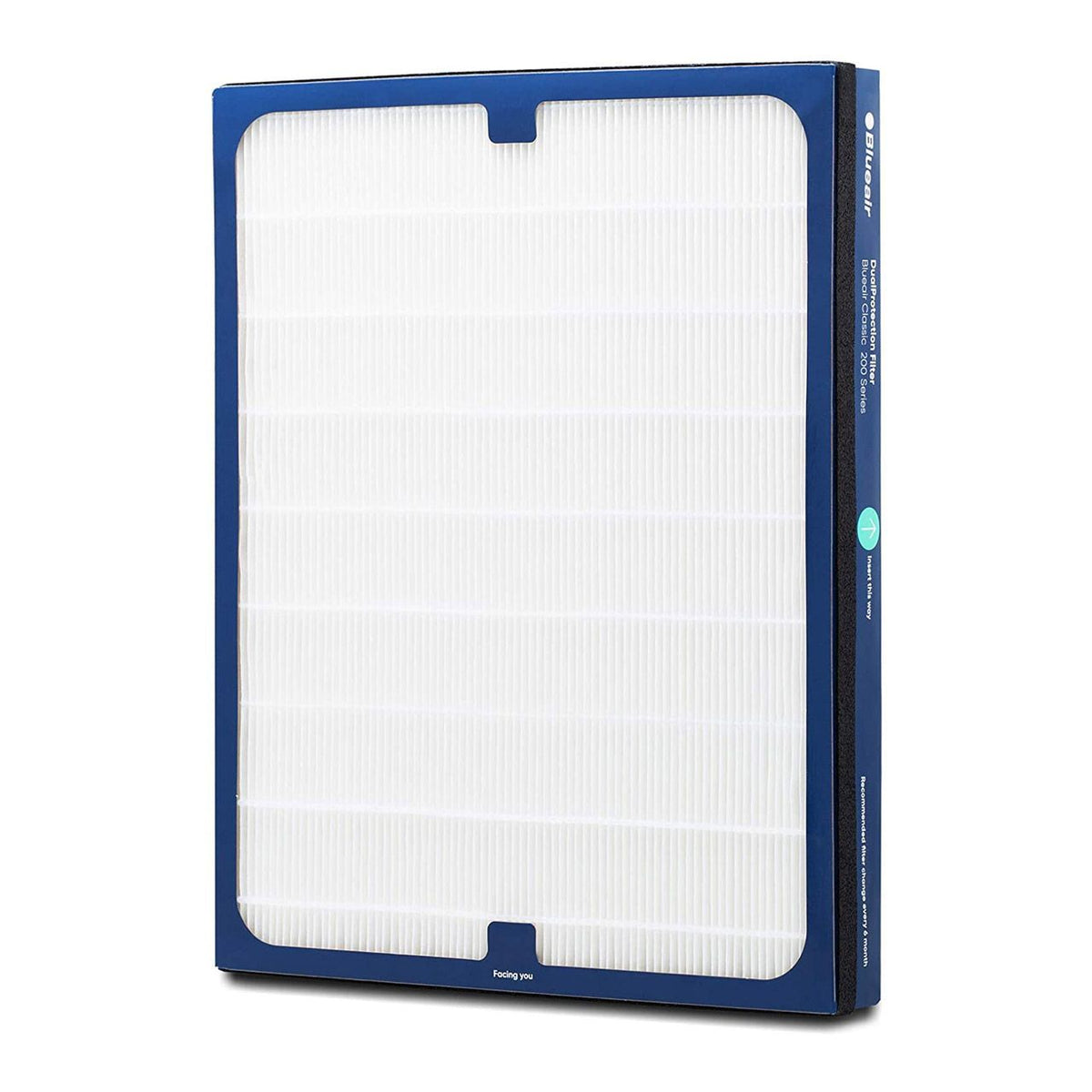 Blueair DualProtection Ersatzfilter mit weißem Faltenfilter in blauem Rahmen, Schrägansicht