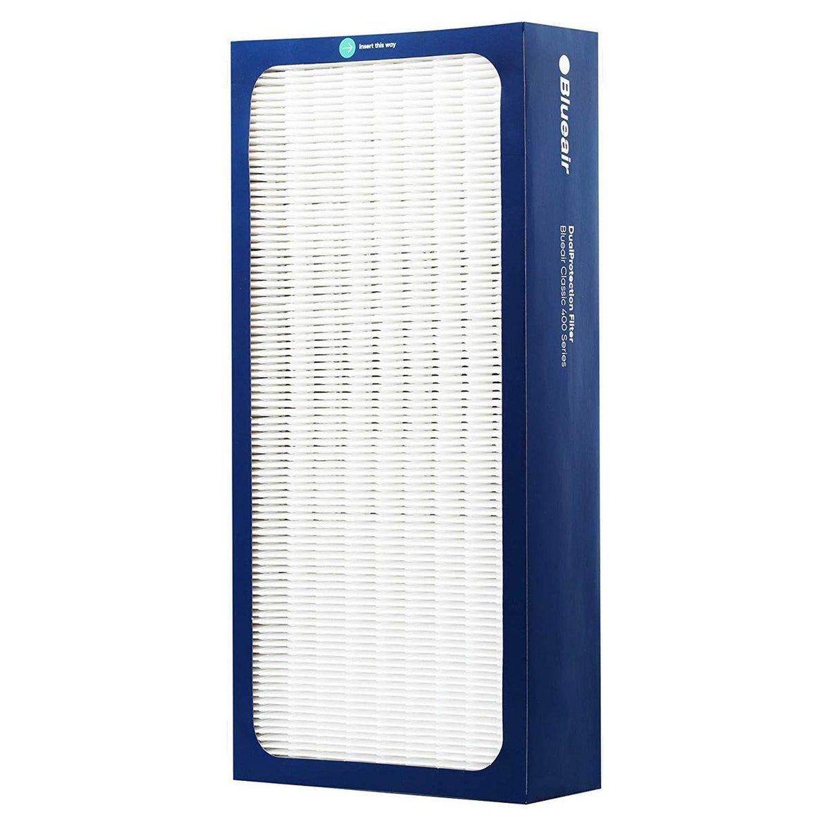 Blueair DualProtection Ersatzfilter für 400er Serie, blauer Rahmen mit weißem Faltenfilter, Schrägansicht