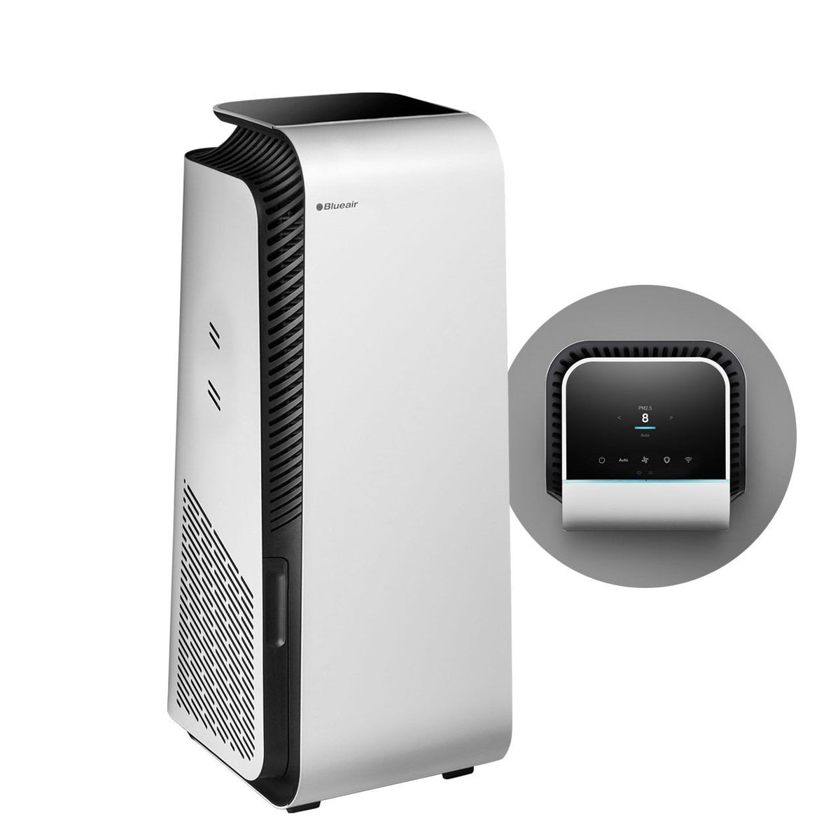 Blueair HealthProtect Luftreiniger in Weiß/Schwarz, seitlich, mit Detailausschnitt des Bedienfelds mit PM2.5-Anzeige