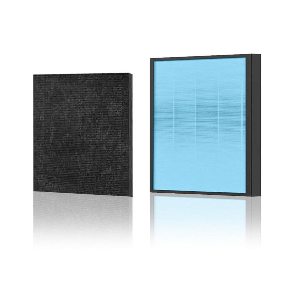 Clean Air Optima Ersatzfilterset mit schwarzem Aktivkohlefilter und blauem HEPA-Filter im Rahmen