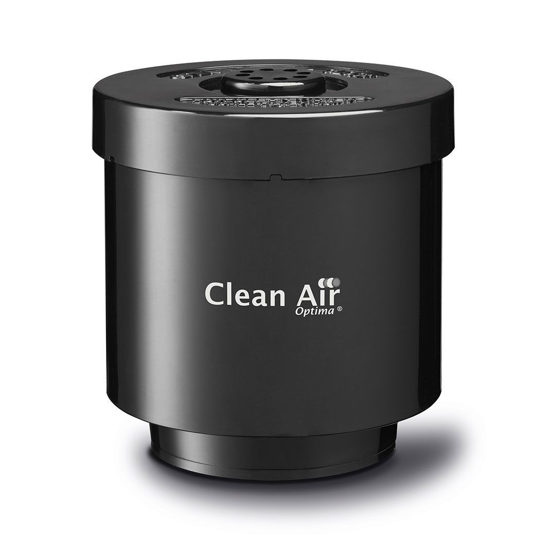 Clean Air Optima W-01-W Wasserfilter in Schwarz, zylindrische Kartusche mit Logo, Frontalansicht