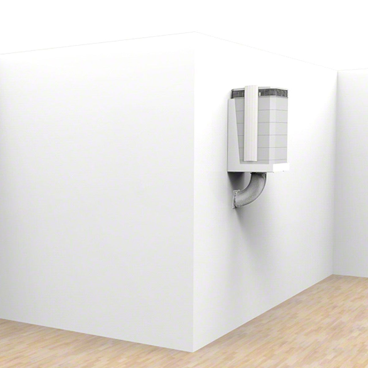 IQAir VM InFlow W125 an Raumwand montiert mit Rohrdurchführung nach außen, 3D-Darstellung