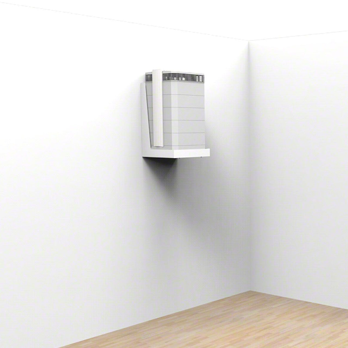 IQAir Luftreiniger mit Wandhalterung schräg an weißer Zimmerwand montiert, 3D-Visualisierung