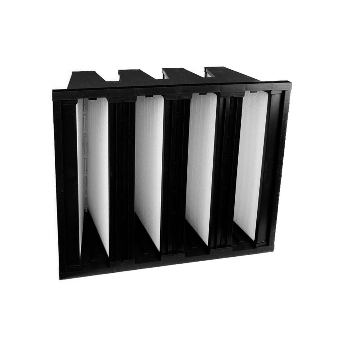 HS Solution RLF 1500 ECO F7 Vorfilter mit V-förmig gefalteten Filterlamellen im schwarzen Rahmen, Schrägansicht