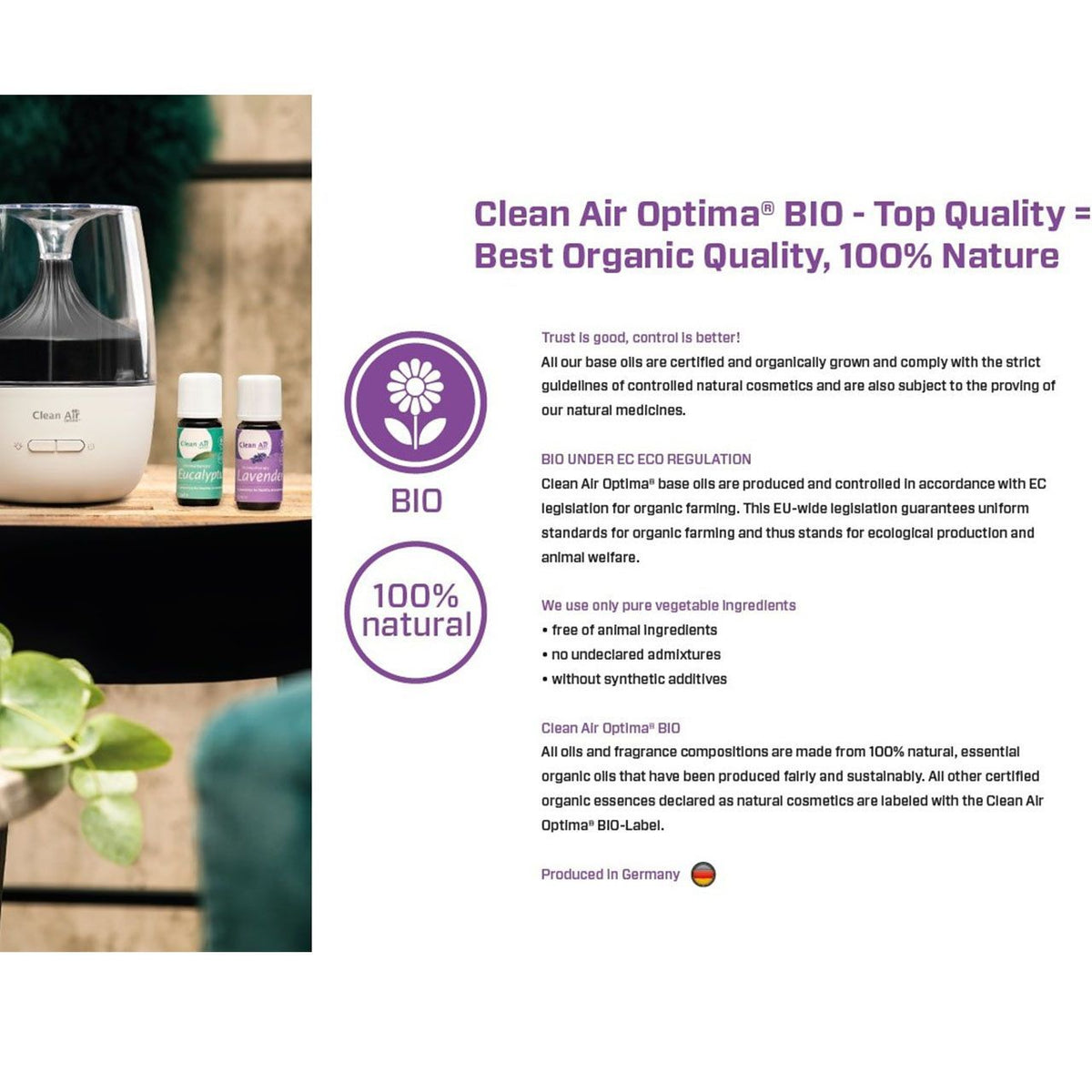 Grafik zu Clean Air Optima® BIO-Ölen mit „BIO“- und „100% natural“-Siegel neben Diffuser und Duftölflaschen