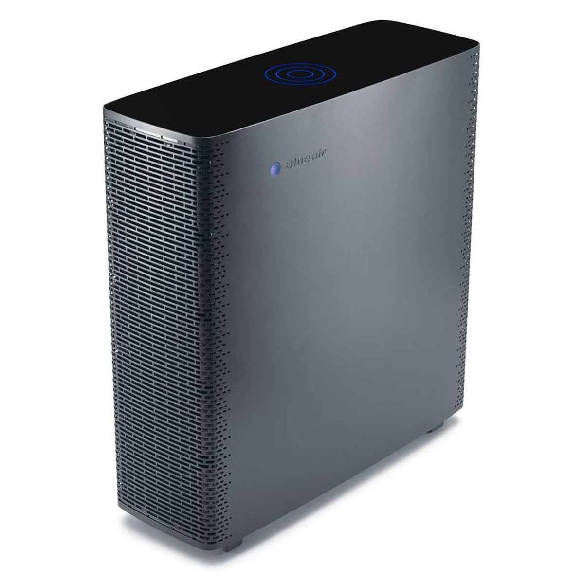 Blueair Sense Luftreiniger in Graphite Black, Schrägansicht mit seitlichem Lamellengitter und Touch-Bedienfeld