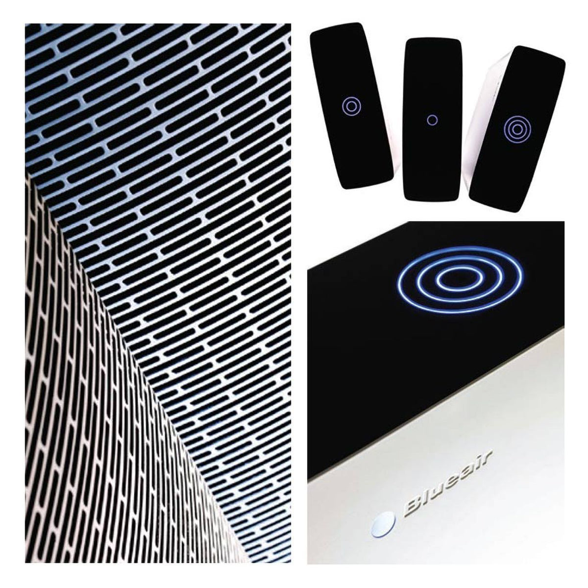 Blueair Sense Luftreiniger: Filterdetail, Touch-Bedienfelder mit Ringsymbolen und Logo am Gehäuse