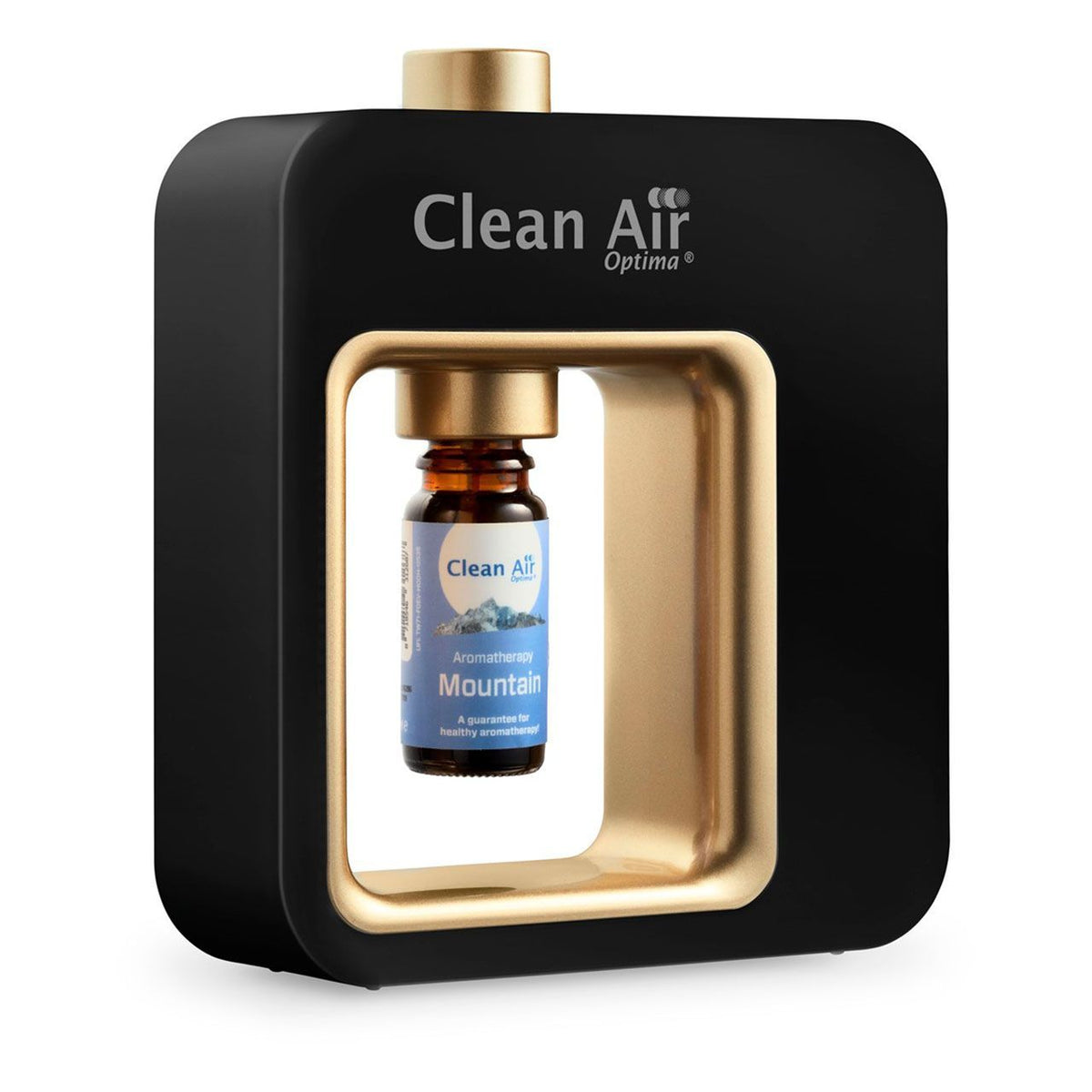 Clean Air Optima Aroma-Diffuser „Aromatic“ in Schwarz-Gold mit eingesetzter Duftflasche „Mountain“, Schrägansicht