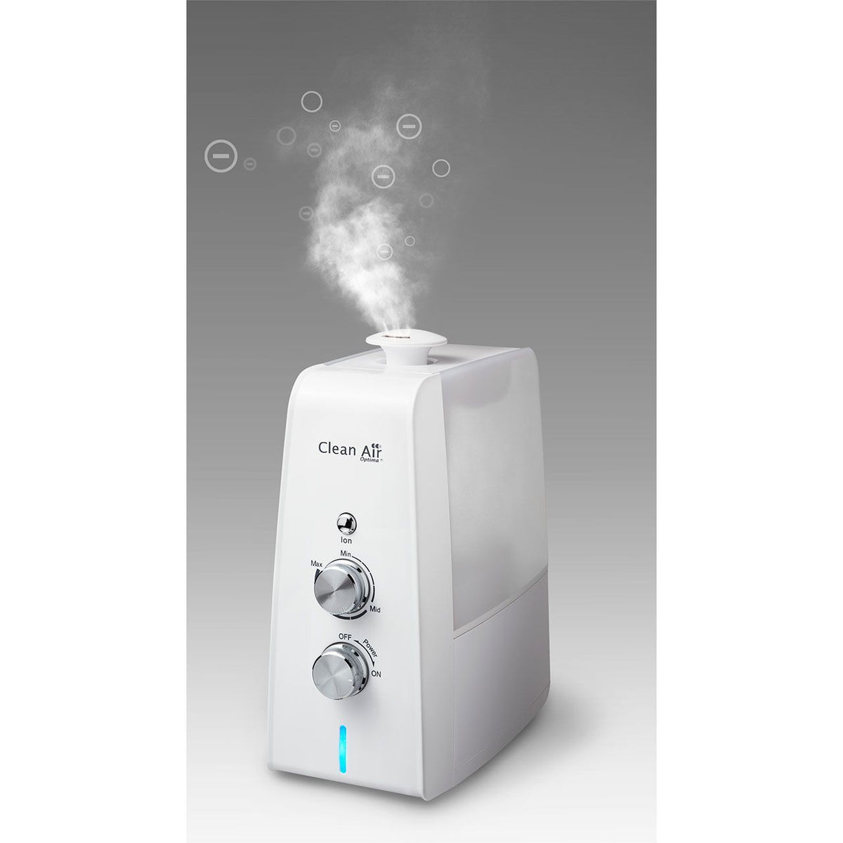 Clean Air Optima CA-602 Luftbefeuchter in Weiß mit aufsteigendem Wassernebel und Ionen-Symbolgrafik