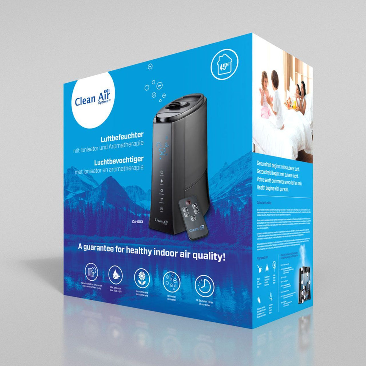 Verpackung des Clean Air Optima CA-603 Luftbefeuchters mit Ionisator und Aromatherapie, schwarz