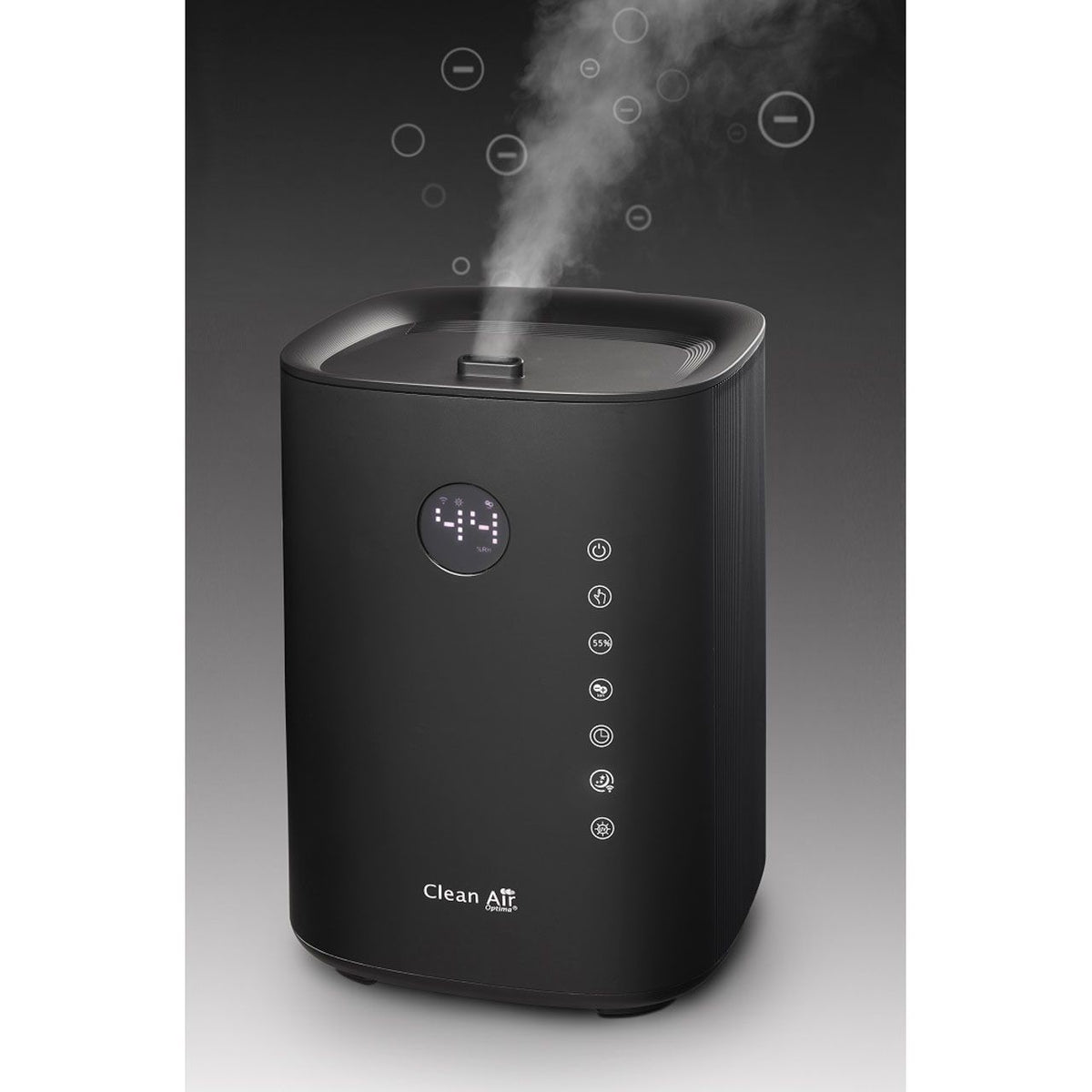 Clean Air Optima CA-604 Smart Luftbefeuchter in Schwarz mit aufsteigendem Wasserdampf und Ionen-Symbolen