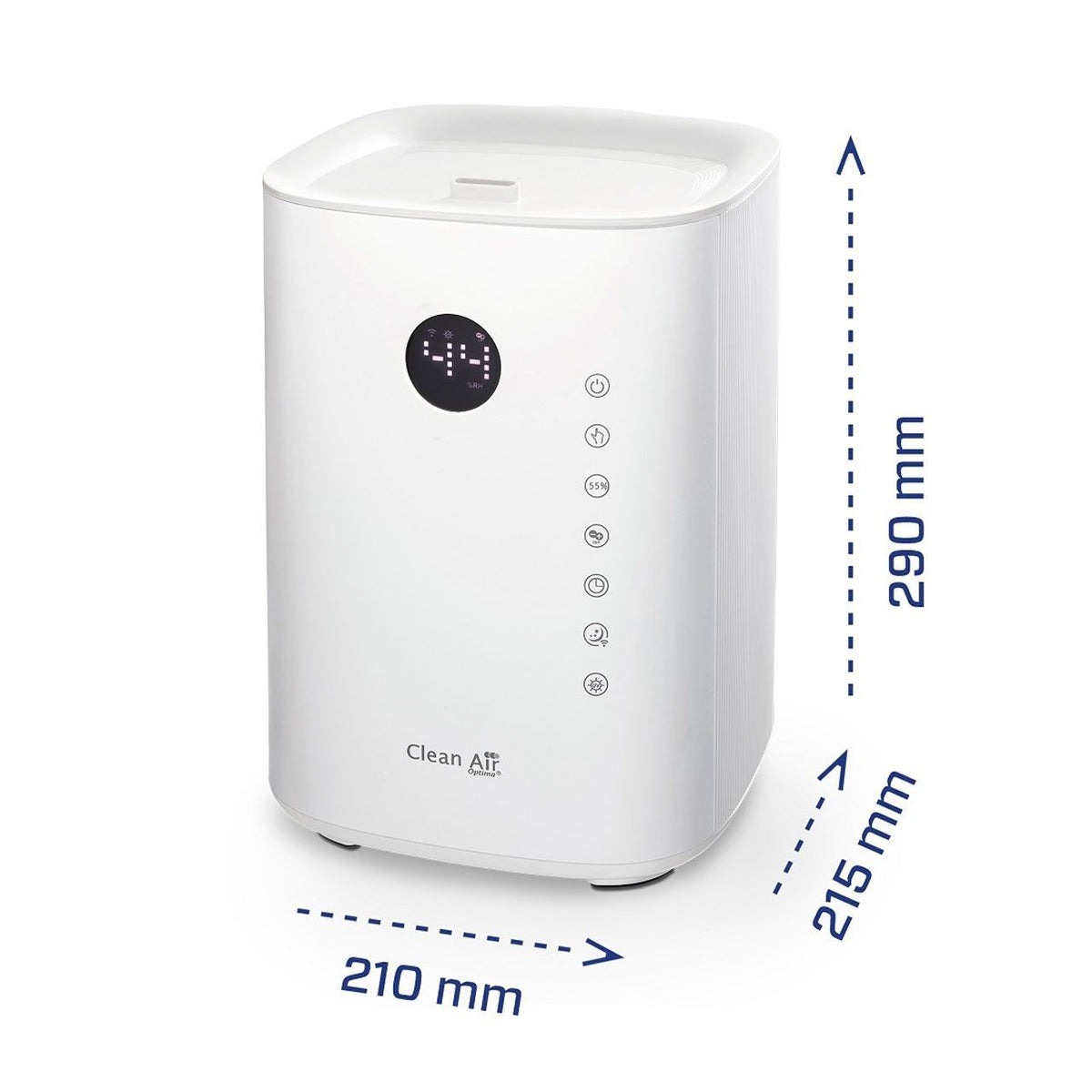 Clean Air Optima CA-604 Smart Luftbefeuchter weiß mit Maßangaben 210 x 215 x 290 mm