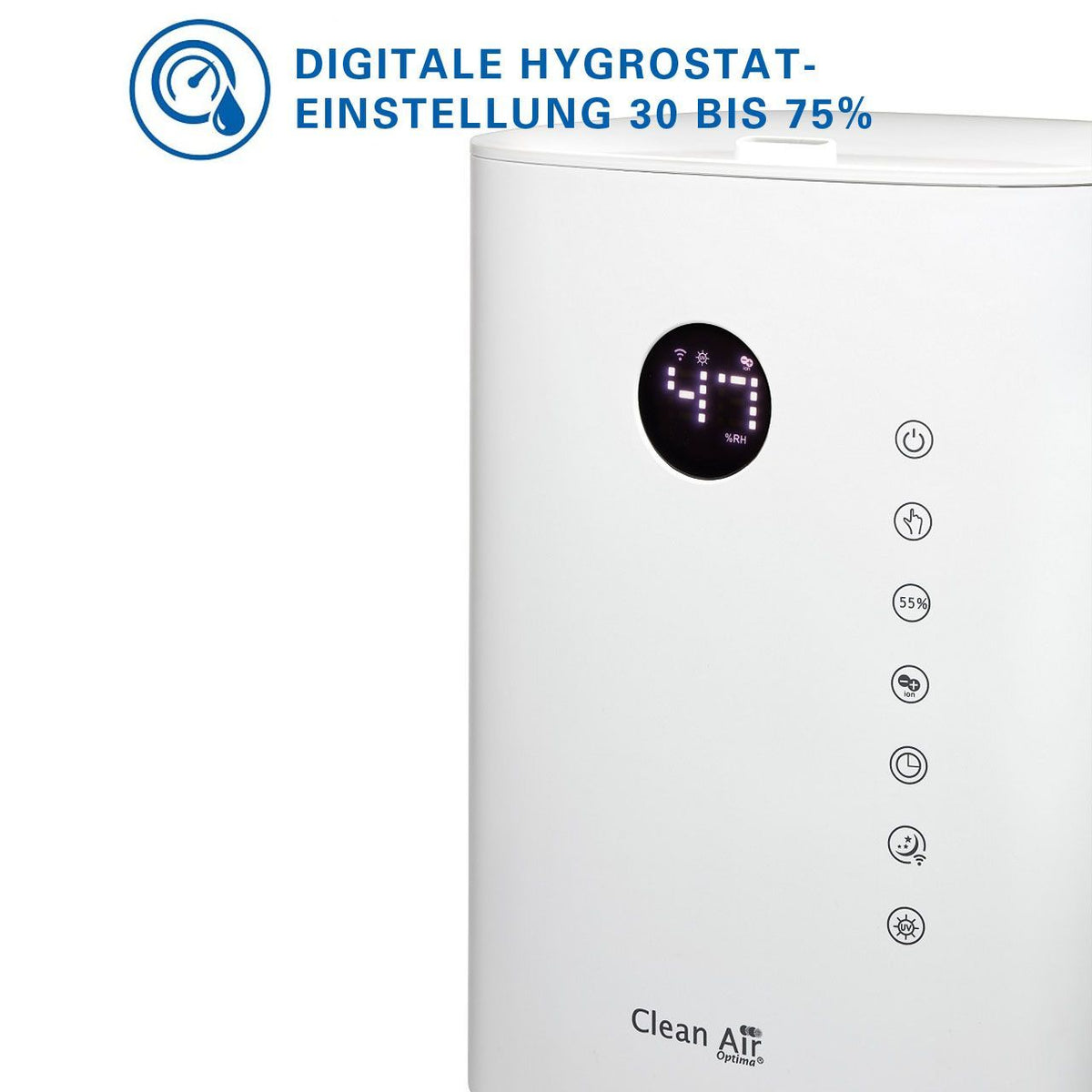 Nahaufnahme des Bedienfelds am Clean Air Optima CA-604 Luftbefeuchter mit digitaler Hygrostat-Anzeige „47%RH“