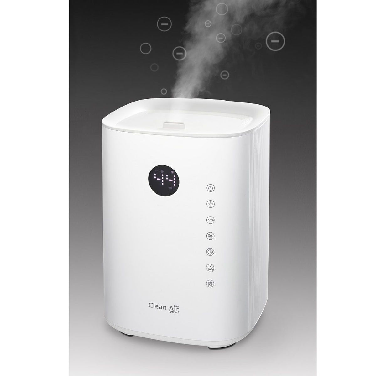 Clean Air Optima CA-604 Smart Luftbefeuchter in Weiß mit aufsteigendem Wasserdampf und Bedienfeld-Display