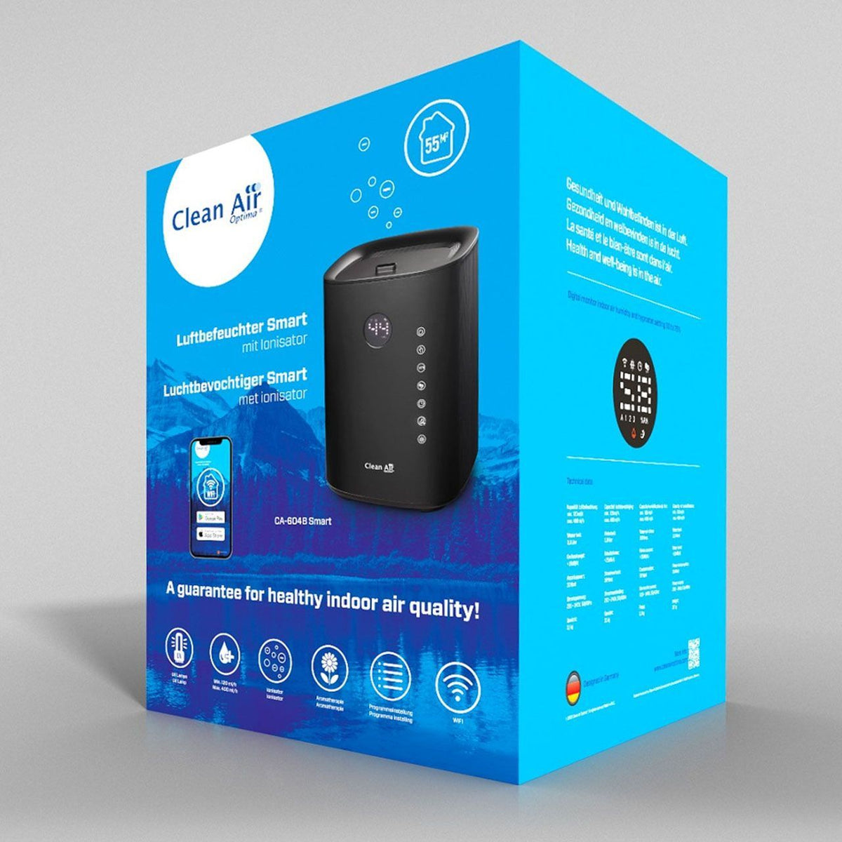 Verpackung des Clean Air Optima CA-604B Smart Luftbefeuchters mit Ionisator in Schwarz, Schrägansicht