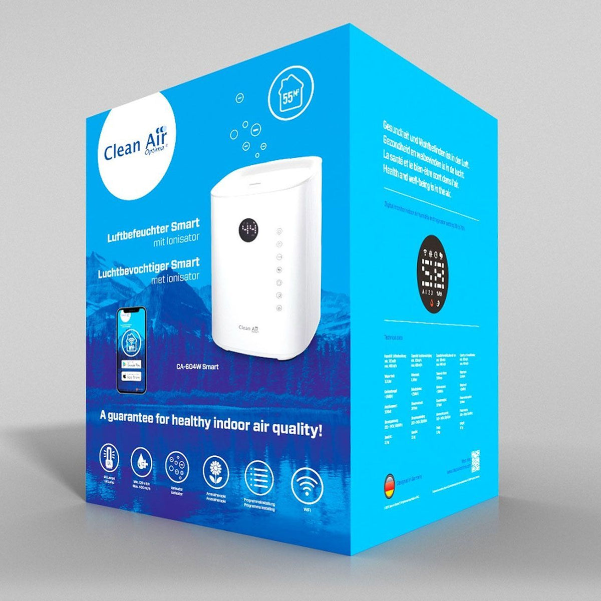 Verpackung des Clean Air Optima CA-604W Smart Luftbefeuchters mit Ionisator, Ansicht von hinten mit technischen Daten