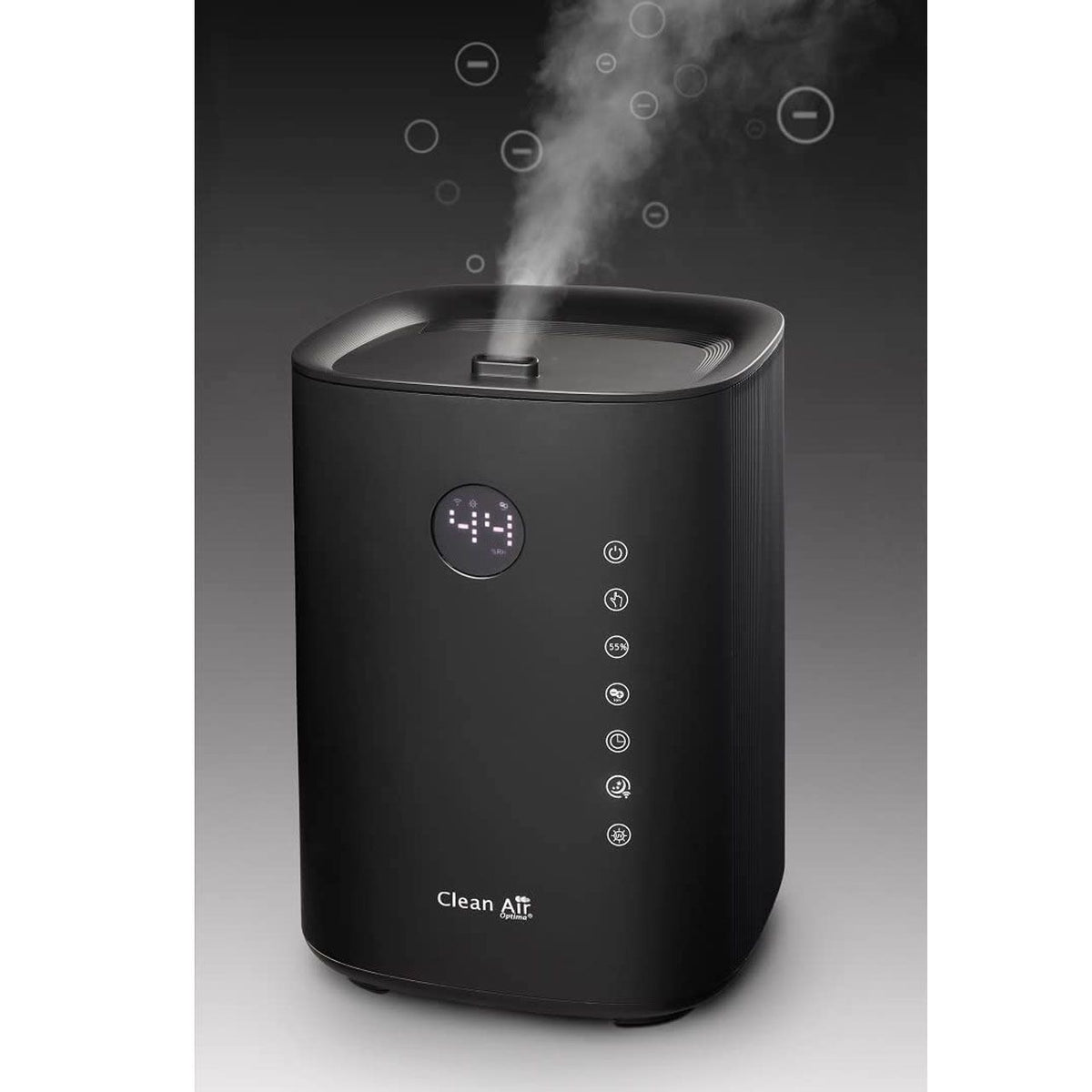 Clean Air Optima CA-605 Smart Luftbefeuchter in Schwarz mit aufsteigendem Dampf und LED-Anzeige „44“