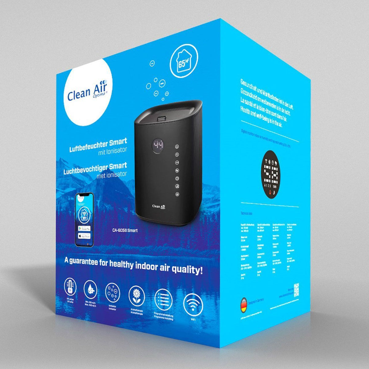 Verpackung des Clean Air Optima CA-605 Smart Luftbefeuchters mit Ionisator, Produktabbildung und Symbolen zu den Funktionen